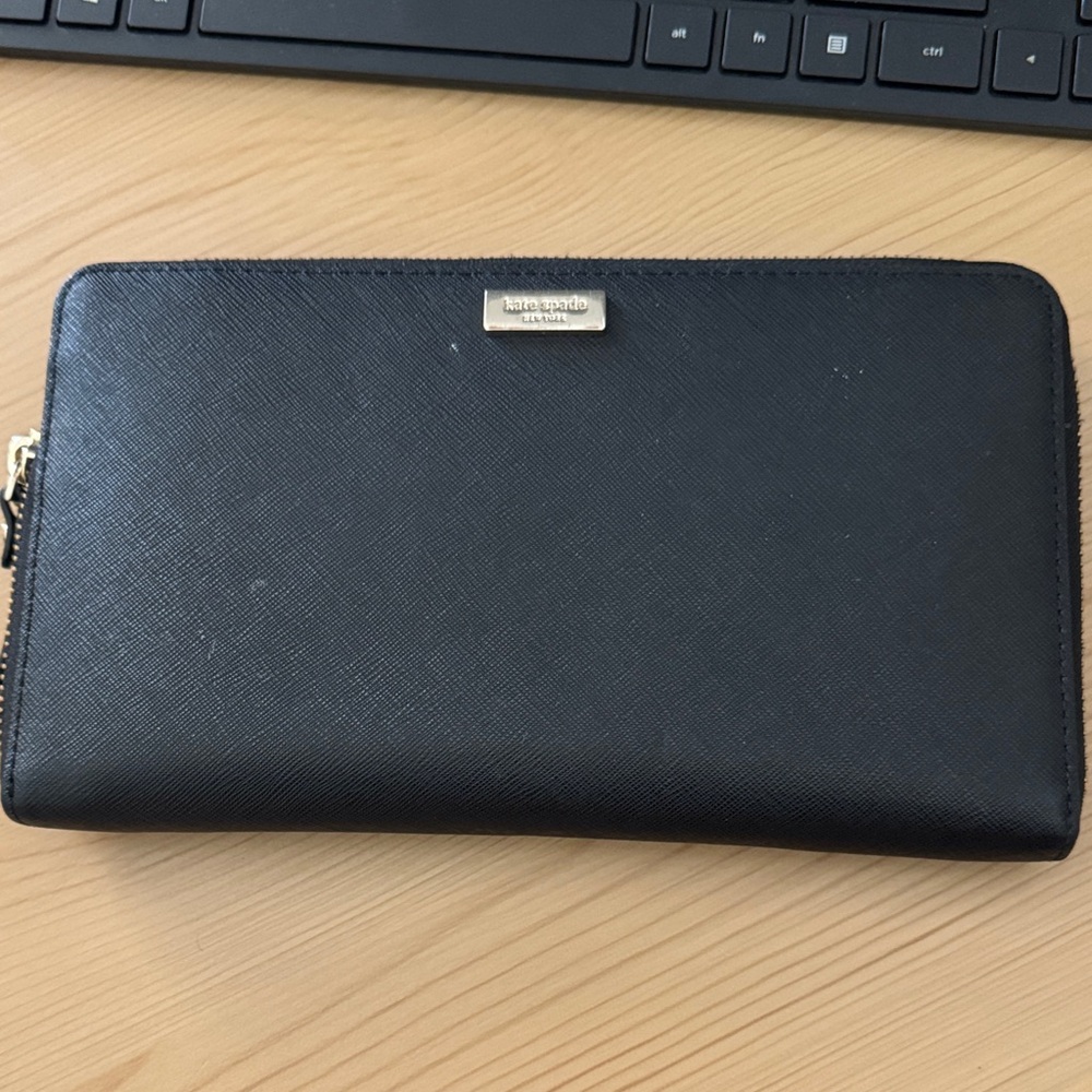 kate spade Black Saffiano Zip Wallet with Gold Logo